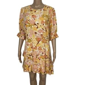 Lost + Wander Floral Mini Dress Ruffle Hem Crew Neck Lined Size Large